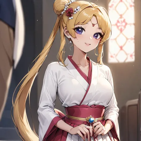 ((Highest quality)), ((masterpiece)), (detailed), （Perfect Face）、The woman is a Korean wife, Tsukino Usagi, and is getting married to a strong Korean man in a gorgeous church in Korea, wearing a gorgeous and glittering traditional Korean dress, a chogori, ...