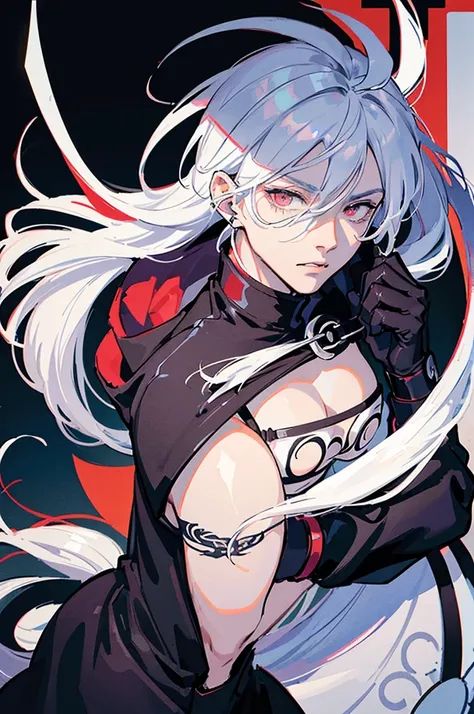 Please create a 2D black and white image of a male anime character with white hair, wearing an earring and a tattoo on his arm, wielding two swords, dressed in the Akatsuki outfit from Naruto Shippuden. The character should have the Sharingan. The image sh...