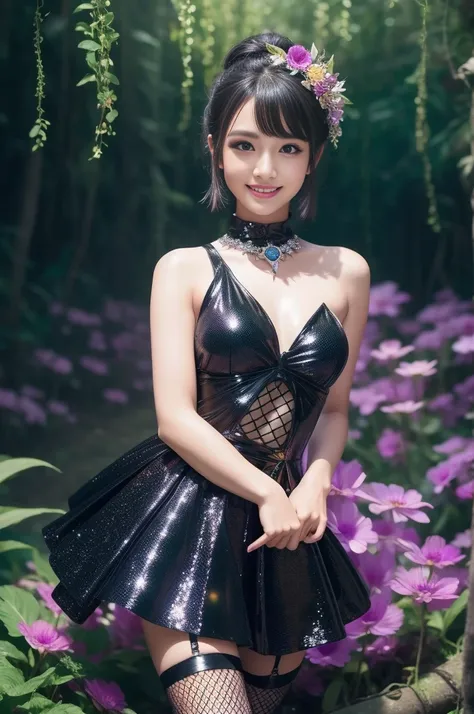 sexy Thai model who controls poison、beautiful smile、lipgloss、dramatic makeup、look at the camera、full body Esbian、、sparkling poisoned enchanted flower costume、、、、shiny sparkling colorful short hair、secrete poison、skull hair accessories、fishnet tights、shiny ...