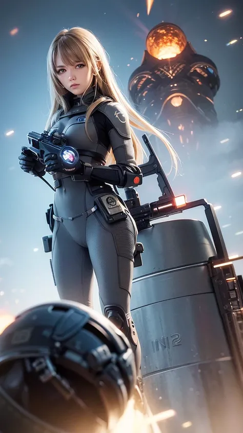 1 woman, futuristic suit, military, special weapons, battlefield, explosions, destruction, fantasy world. 