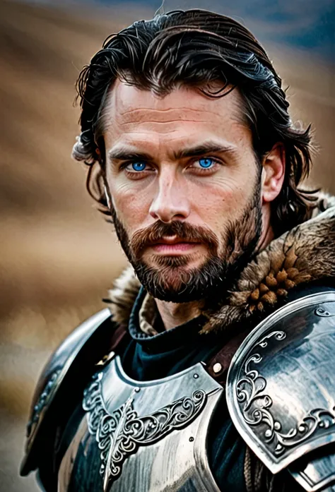 Strict Man 30 years old with blue eyes and a beard with dark hair in armor with fur 