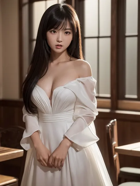 a beautiful japanese girl, very cute high school girl assassin, detailed portrait of innocent 16 year old virgin, midnight, a lords manor in the dining hall, (off-shoulder white evening gown), silver booties, ((upper body, standing, look back:1.1)),(angry,...