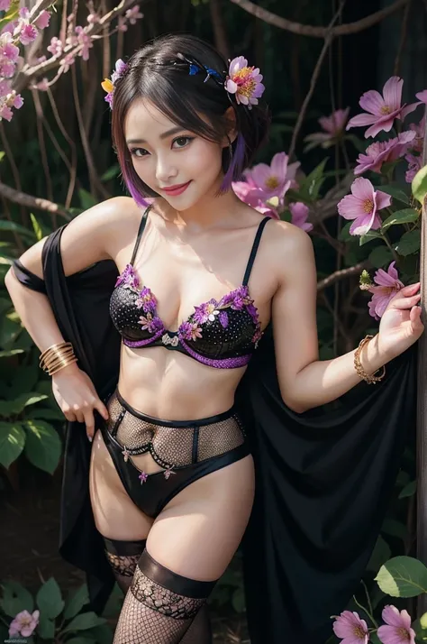 sexy Thai model who controls poison、beautiful smile、lipgloss、dramatic makeup、look at the camera、full body Esbian、、sparkling poisoned enchanted flower costume、、、、shiny sparkling colorful short hair、secrete poison、skull hair accessories、fishnet tights、shiny ...