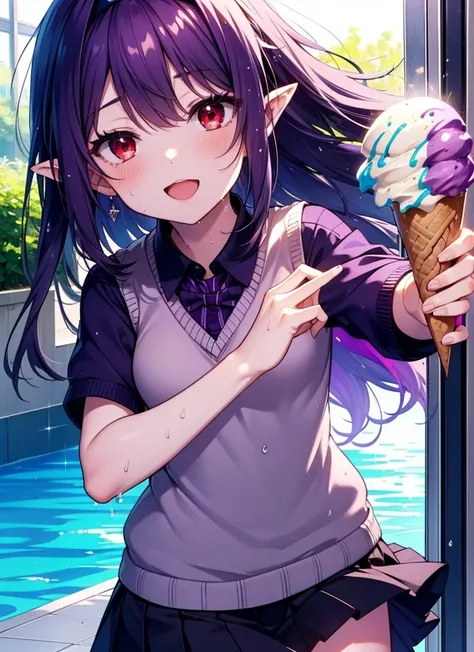 yuukikonno, Yuki Konno, hair band, Ahoge,Long Hair, Pointy Ears, Purple Hair, Sweat,happy smile, smile, Open your mouth,(Red eyes:1.5), (Small breasts:1.2), ,Holding ice cream in one hand,whole bodyがイラストに入るように,Sweat,Wet clothes, White shirt, Short sleeve, ...