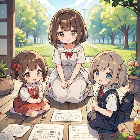 ((Highest quality)), ((masterpiece)), (detailed), 1 girl、Light brown hair、Short Bob、Bangs are diagonal、Smiling Kindly、Three children surround the girl.