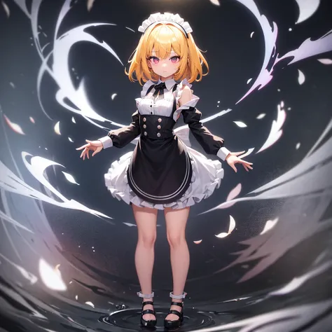 ((Maid)),((apron)),Revealing clothing,In a naughty way,Cute little ,Tiny ,Small girl,,Childish face, Very fine clean face,Top quality, Big eyes,Straight Hair,Yellow hair,Crimson Eye,(Dark Room), Subtle light, Soft lighting,Light from directly behind, (Are ...