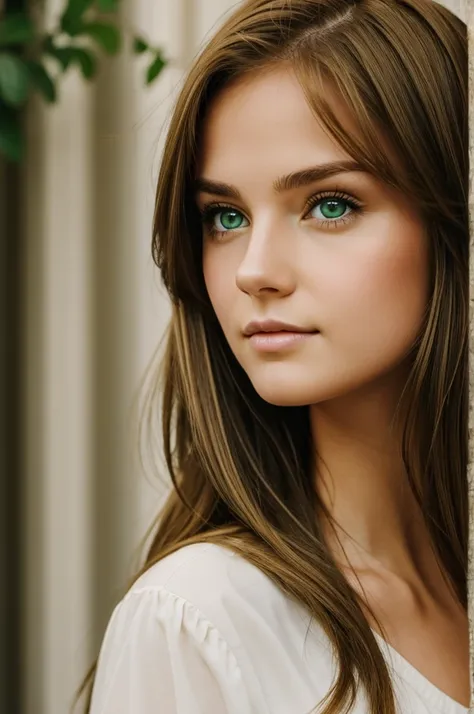 Girl with beautiful yellowish green eyes and light brown hair 