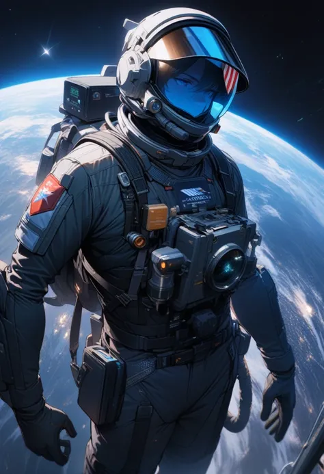 1male, solo, An astronaut floating in dark outer space with shining stars. His spacesuit has national flag and mission patches, and his visor reflects Earths beautiful blues and greens. The helmet is equipped with a highly sensitive communication device, a...