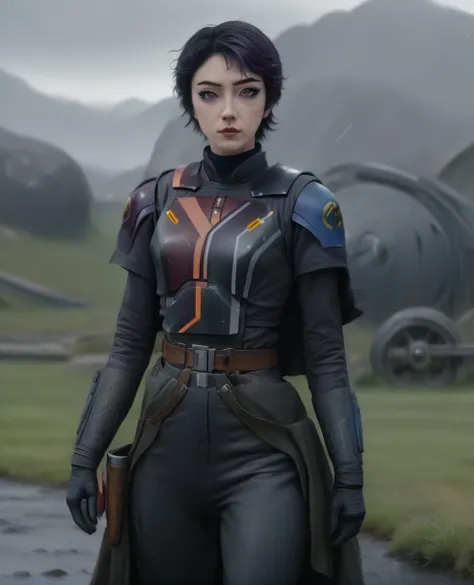 score_9,score_8_up,score_7_up,score_6_up, Trilla,green eyes,black hair, upper body, wet, armor,gloves,black bodysuit,black cape,belt,rain, science fiction,sith base, star wars, outdoors, rain, solo,fflixbag wearing armor sabine wren
