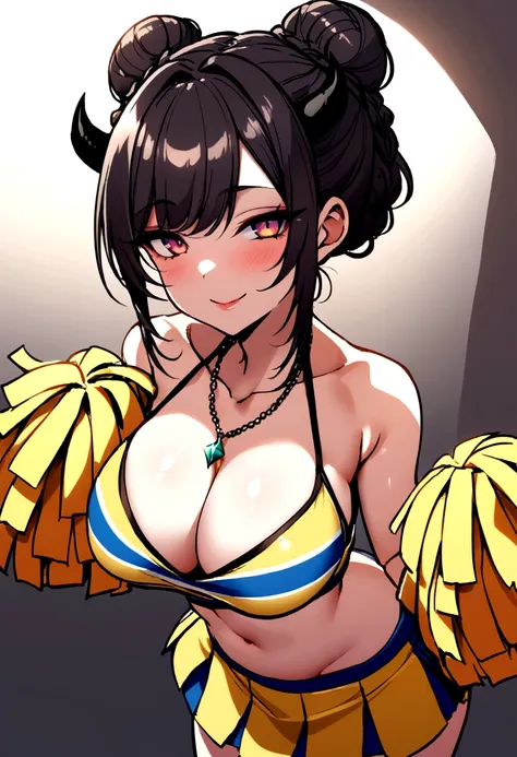 Sexy cheerleader, seductive smile, c cup , with black small demon horns, bun hairstyle, wearing necklace, 