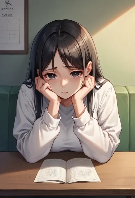 Illustration, detailed illustration, masterpiece, best quality, ultra-detailed, 1girl, beautiful woman, 28 year old woman, black hair, black eyes, sad expression, miserable expression, sitting at dining room table, puffy eyes, tears, tired looking, looking...