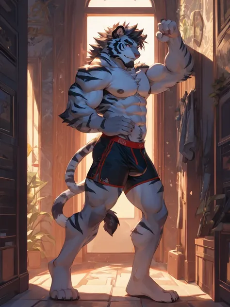 bara handsome white tiger furry leaning on wall wearing only tight boxer briefs, very tall, massive pecs, broad shoulders, sultry gaze, purple eyes, smirking at camera seductively, sultry teasing gaze, one hand on his thigh near his cock, running one hand ...