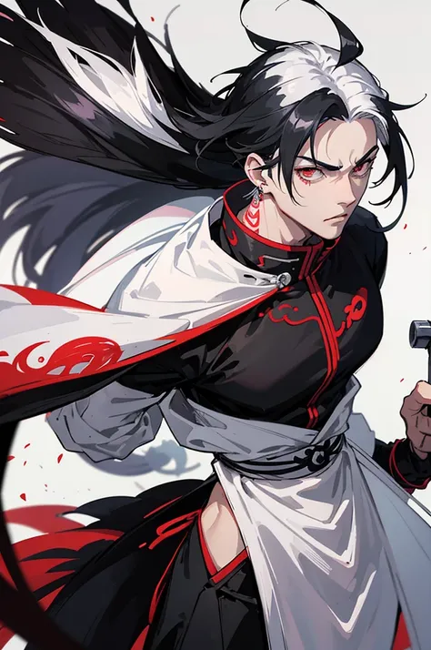 Please create a 2D black and white image of a male anime character with white hair, wearing an earring and a tattoo on his arm, wielding two swords, dressed in the Akatsuki outfit from Naruto Shippuden. The character should have the Sharingan. The image sh...