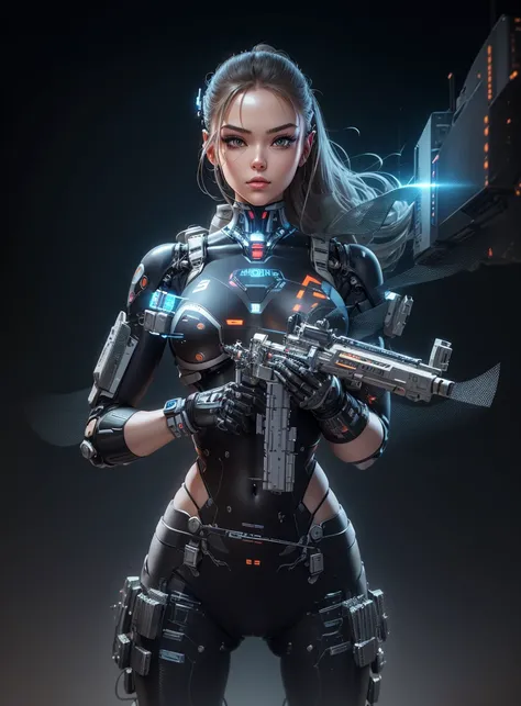 , cyborg Girl, machinegun,full body picture,thin micro bikini, robot implant arms, robot implant legs, circuit implants in belly,,beautyful face, beautyful body, perfect anatomy, long  haired,sharp picture, high quality, ultrarealistic, 3D, bigital illustr...