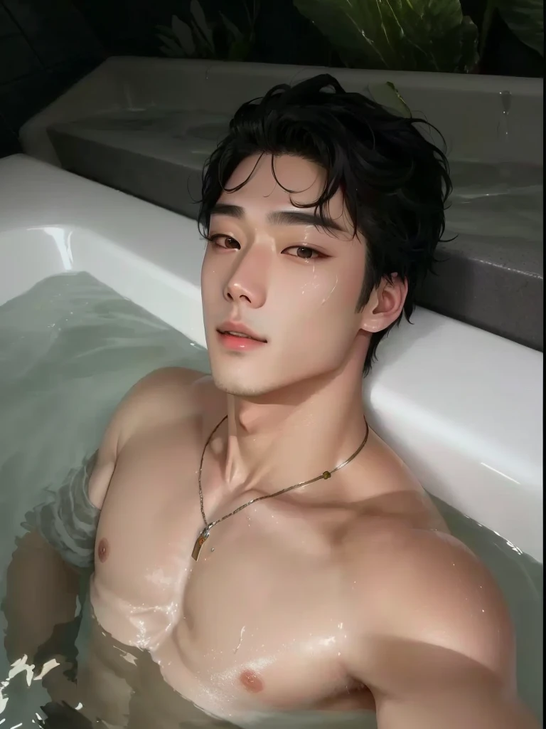 There is a man who is lying in a bathtub., south korean man, handsome, water dripping from it, inspirado en sunghoon enhypen kpop 