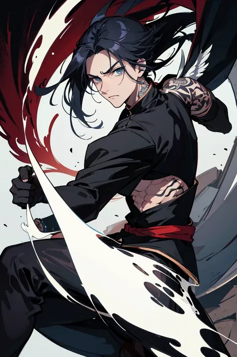 Por favor, create a 2D image of a male anime character,With a tattoo on his arm,with 2 swords, on top of a dragon,black and white character,as if it were for coloring,Anime to Color.