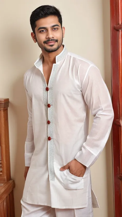 a sexy indian man wearing a kurta, homoerotic, handsome face