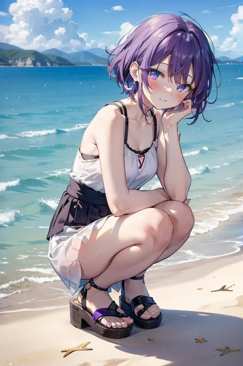 Harunasairenji, Haruna Sairenji, hair ornaments, (Purple eyes:1.1), Purple Hair, short hair, smile,blush,Open your mouth,White Tank Top,Long skirt,Cute Sandals,Standing with hands on knees,whole bodyがイラストに入るように,
break outdoors, Sandy Beach,Coastal Road,
br...