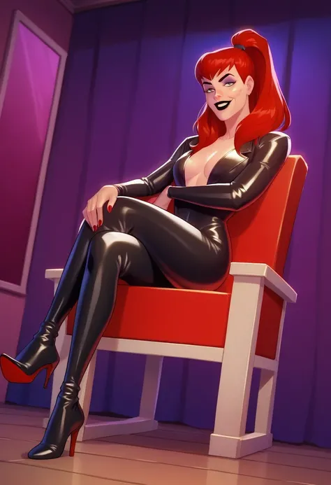 score_9, score_8_up, score_7_up, score_6_up, score_5_up, score_4_up , source_cartoon, 1girl, solo, xpeggybrx, red hair, long hair, ponytail, makeup, lipstick, black lips, dominatrix black latex bodysuit, high heels, 1980s (style),looking on viewer, smiling...