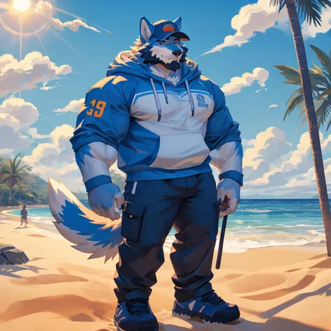 (Masterpiece) , (Best Quality) , ( Ultra Details ) , Solo And Animal , Anthro wolf , Light Blue Fur Wolf, Beard , Daddy , Baseball cap , White Sleeve Hoodie ,  Huge Muscle , (Orange Kitty)  , (Carry Kitty) , (Pet Kitty) , full Body , Beach Background 