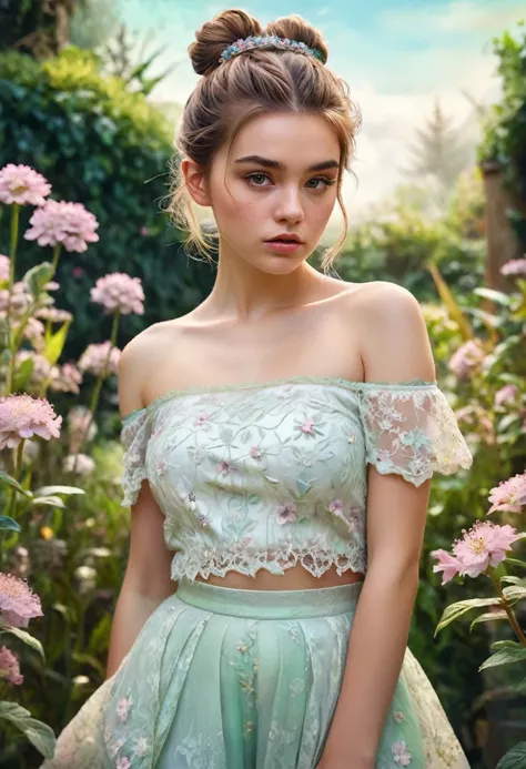 (Cinematic Photo:1.3) of (Realistic:1.3),(Cosy:1.3) beautiful 12 year old girl, (intricate light brown hair messy bun), highly detailed skin textures, lifelike skin texture, looking intimately directly at camera, (looking at viewer), pouting lips, Pastel, ...