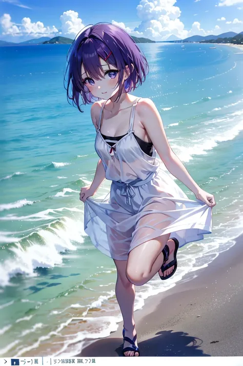 Harunasairenji, Haruna Sairenji, hair ornaments, (Purple eyes:1.1), Purple Hair, short hair, smile,blush,Open your mouth,White Tank Top,Long skirt,Cute Sandals,Standing with hands on knees,whole bodyがイラストに入るように,
break outdoors, Sandy Beach,Coastal Road,
br...