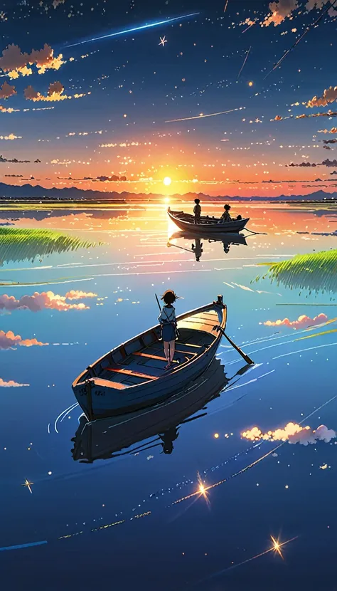 stars, people standing in a boat and sunset animation setting, space sky. por makoto shinkai, makoto shinkai cirilo rolando, mak...