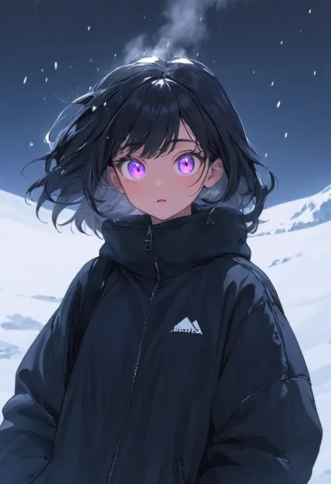 black clothes , masterpiece , snow , vapor wave . wild girl , crazy eyes