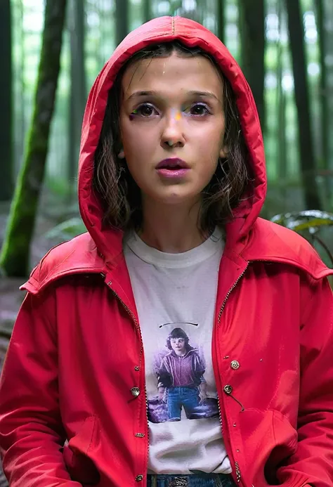 millie bobby brown, mbb, wearing a red jacket and a hood in a dark forrest, horror style, stranger things, netflix, (( millie bo...