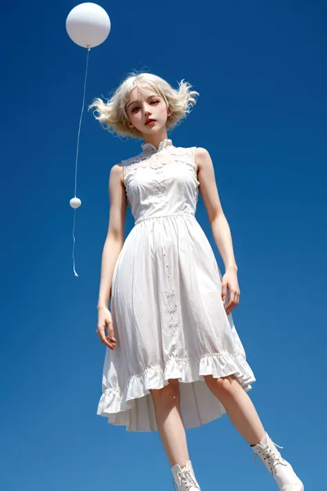 woman floating in the blue sky, full body, full body, full body, bjd, doll joints, doll joints, doll joints, shiny white porcela...