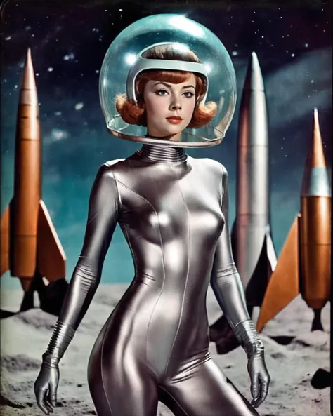 1girl, skintight bodysuit, glass helmet,  photo of a retro_rocket futuristic, in the space, sci-fi , virbrant colors