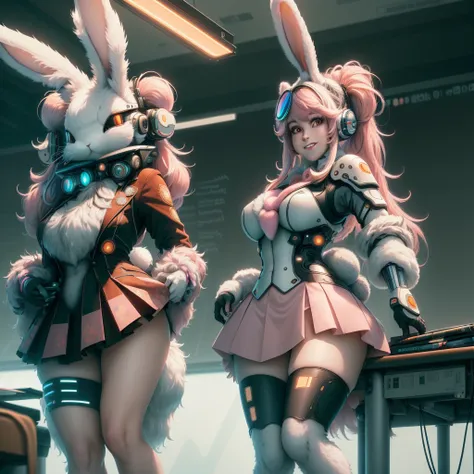 best quality, masterpiece, extreme detail, 8k, official art, bunnytech, fluffy, futuristic sci-fi, (scholar), (projector), (whit...