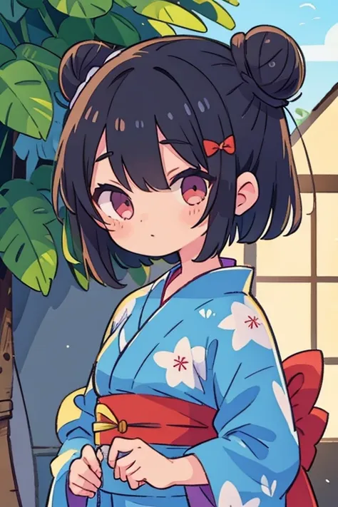 yukata。girl。bun head。black hair。front