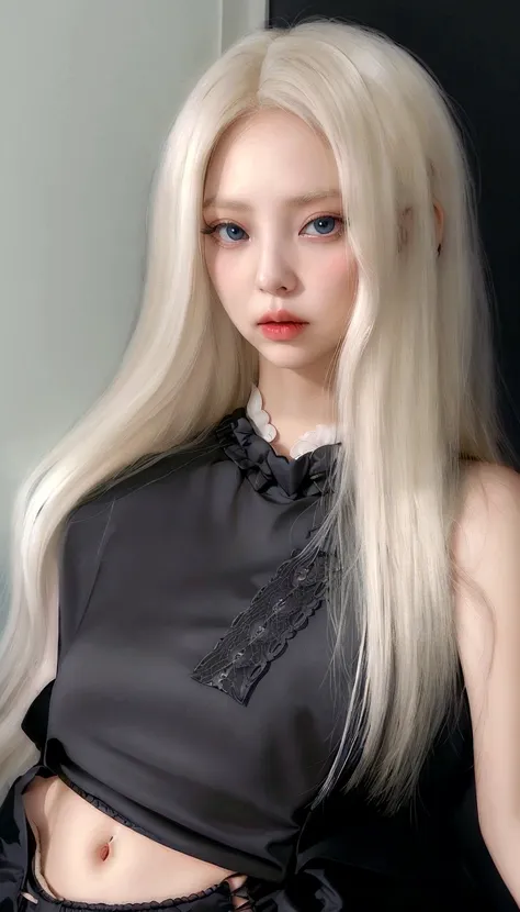 blonde woman with long hair and black blouse posing for a photo, ava max, perfect white haired girl, anna nikonova aka newmilky,...