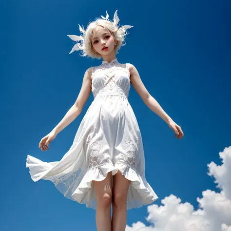 woman (((floating))) in the blue sky, (((full body))), bjd, (((doll joints))), shiny white porcelain body, pure white porcelain ...