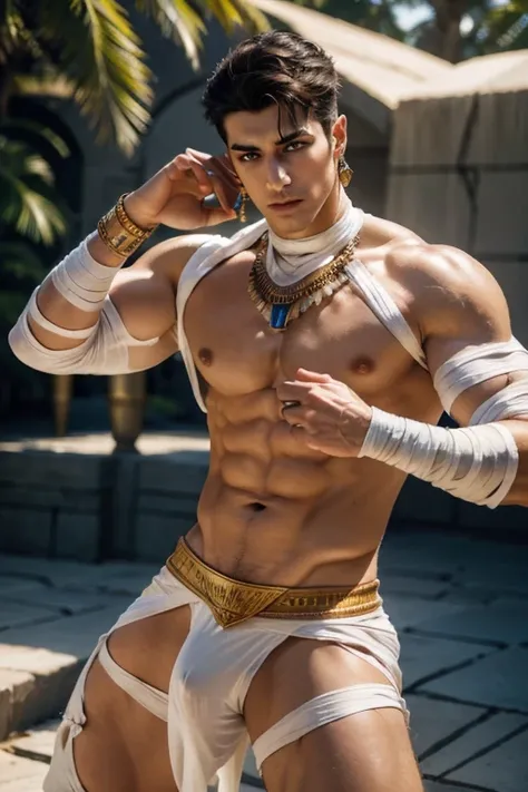 mummy costume, bandages, dynamic pose, Egyptian tomb, evil, jewelry, earrings, (EYE COLOR: Sapphire) , outdoors, realistic, masterpiece, intricate details, detailed background, depth of field, photo of a handsome young Iranian man,