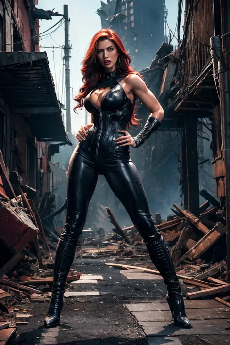 full body superheroine 14 years old  Batgirl red long wavy hair green eyes red mouth tall muscular body big round breasts broad shoulders black metallic shiny tight leather pants, black metallic shiny short plunging sleeveless tops blue boots dress hero po...