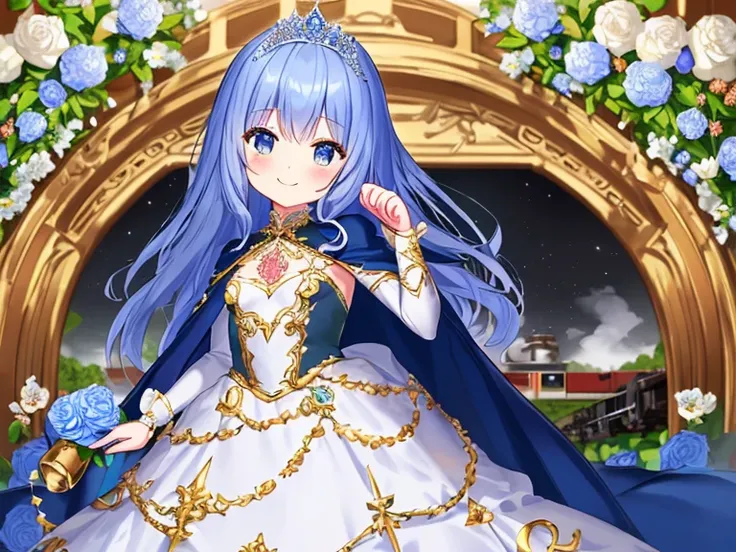 looking at viewer,(kawaii),(best quality),(ultra detailed), upper body,(rococo style),(long train blue cape:1.15), very long cape,(long train white ball gown with flower decorations:1.1), a girl is wearing a cape over her gown, 1 little princess, tiara, sm...