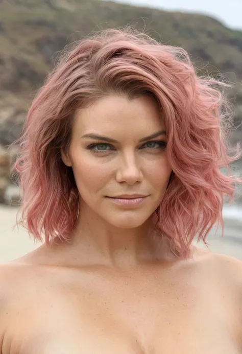 high quality  nude shot , ( lauren_cohan , sensual detailed ultra realistic  skin texture  , pink color hair, hollywood , celebr...