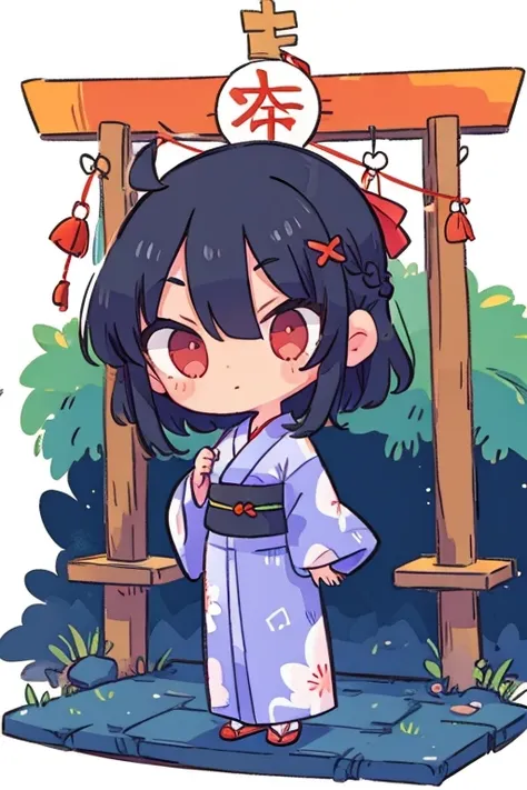 yukata。girl。Braid。Black Hair。front。Background Shrine