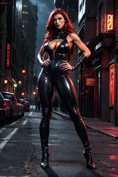 full body superheroine 14 years old  Batgirl red long wavy hair green eyes red mouth tall muscular body big round breasts broad shoulders black metallic shiny tight leather pants, black metallic shiny short plunging sleeveless tops blue boots dress hero po...