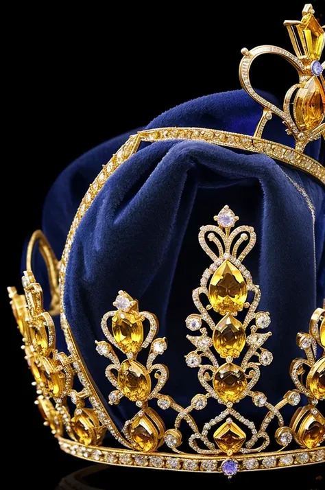 Close up of Tiara with alternate rows of tanzanite and citrine gemstones on black background, big crown adorned with tanzanite and citrine, jewel crown, royal crown, with crown, jeweled crown, queen crown, crystal crown, crown, wearing a diamond crown, gol...