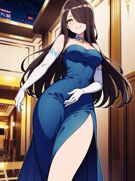 (cowboy shot), (ultra-high resolution, depth of field:1.2), 1woman, mature, brunette hair, long straight hair, yellow eyes, hair over one eye, medium breasts, cleavage, (wide hips), night dress, (blue dress), elbow gloves, white gloves, fancy lobby, indoor...