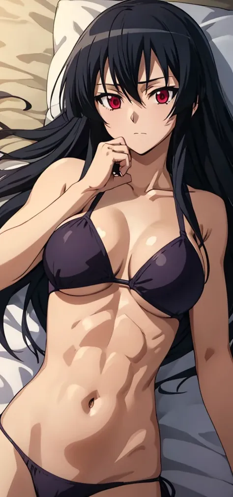 solo, 1girl, looking at viewer, 2D, anime, anime coloring, upper body, akame, bikini top, tango panties, underboob, orgasm, abs, thin, slender, narrow waist, sleeveless, looking at viewer, closed mouth, solo, cowboy shot, lying, on back, on bed, biceps,  t...