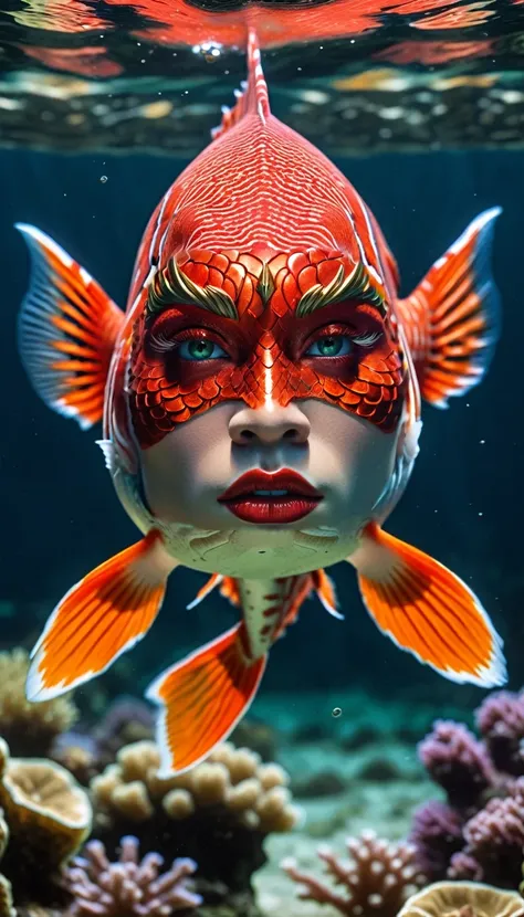 a red-skinned merman,intricate detailed face,piercing eyes,beautiful detailed lips,extremely detailed face and eyes,long eyelashes,scaled skin,vibrant red skin tones,dramatic lighting,cinematic composition,highly detailed digital art,cinematic lighting,fan...