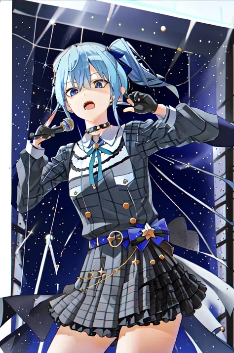 One Girl、Star Town Suisei、blue eyes、gloves、microphone、Blue Hair、Plaid、hat、choker、Open Mouth、Plaidのhat、Side Ponytail、beret、crown、skirt、黒いgloveicrophoneを持っている、部分的に指のないgloves、Plaidのskirt、shirt、Hair between the eyes、belt、ribbon、