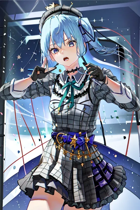 One Girl、Star Town Suisei、blue eyes、gloves、microphone、Blue Hair、Plaid、hat、choker、Open Mouth、Plaidのhat、Side Ponytail、beret、crown、skirt、黒いgloveicrophoneを持っている、部分的に指のないgloves、Plaidのskirt、shirt、Hair between the eyes、belt、ribbon、