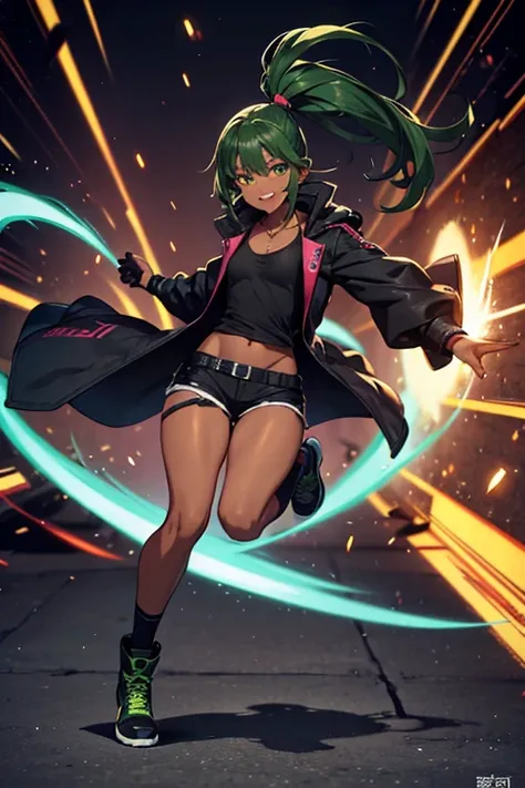 Anime Art、Full body portrait、Shadowrun Warrior、A dark-skinned woman, about 160cm tall, around 19 years old, wearing a black jacket, dark green tank top and shorts, brandishing a glowing beam Bullwhip in her hand.、Large gloves、Laughing with mouth open、The h...