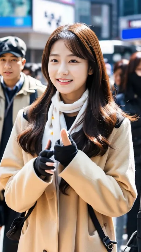 fullbody photo,black pantssuit,pumps,A beautiful female reporter from the Korean news station "Mpo" is holding an umbrella and conducting a live report in front of Seouls teenage shopping street, wearing a beige jacket with white dots on it, a white scarf ...