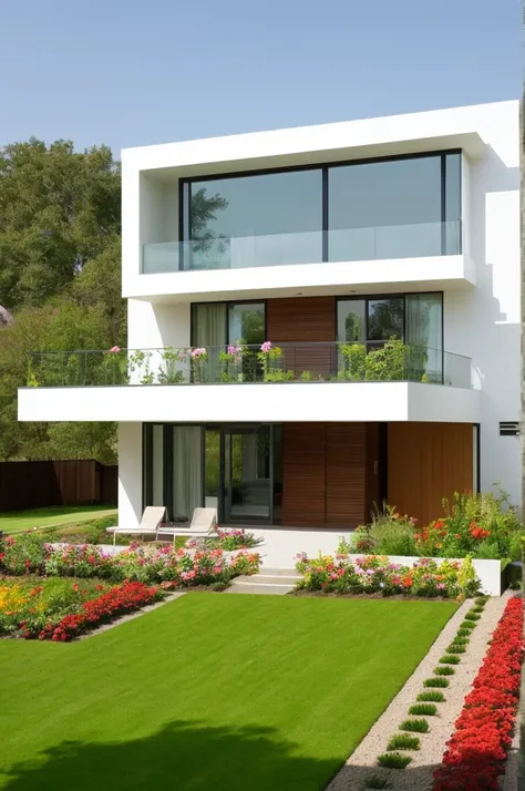 make a picture of a minimalist modern house with a flower garden